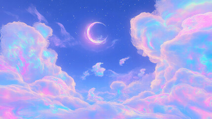 Whimsical pastel clouds under a night sky with a crescent moon in dreamlike atmosphere