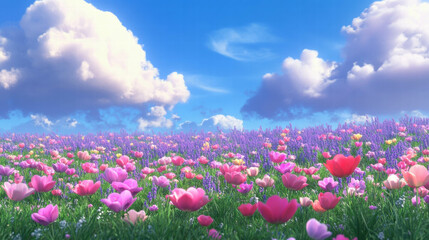 Obraz premium Vibrant flower field reaching the horizon under a bright blue sky with clouds