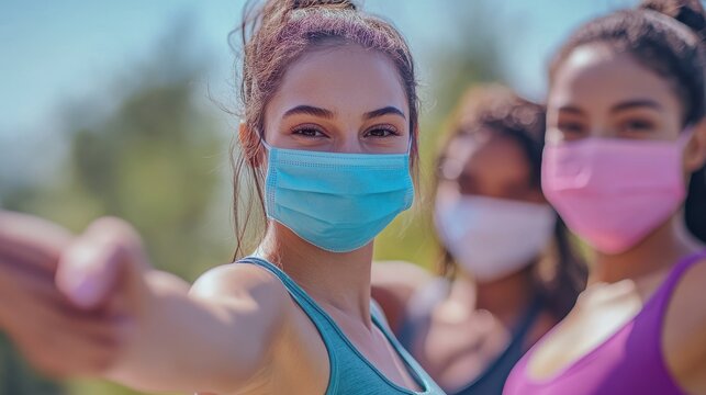 Diverse multiracial fit girls friends wear face masks give elbow bump. Sporty african, indian and caucasian young women group non-contact greeting together starting outdoor fitness training. Closeup. - Powered by Adobe