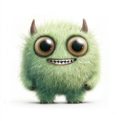 Obraz premium Tiny fluffy green monster with big shiny eyes and a warm smile, isolated on clear white background