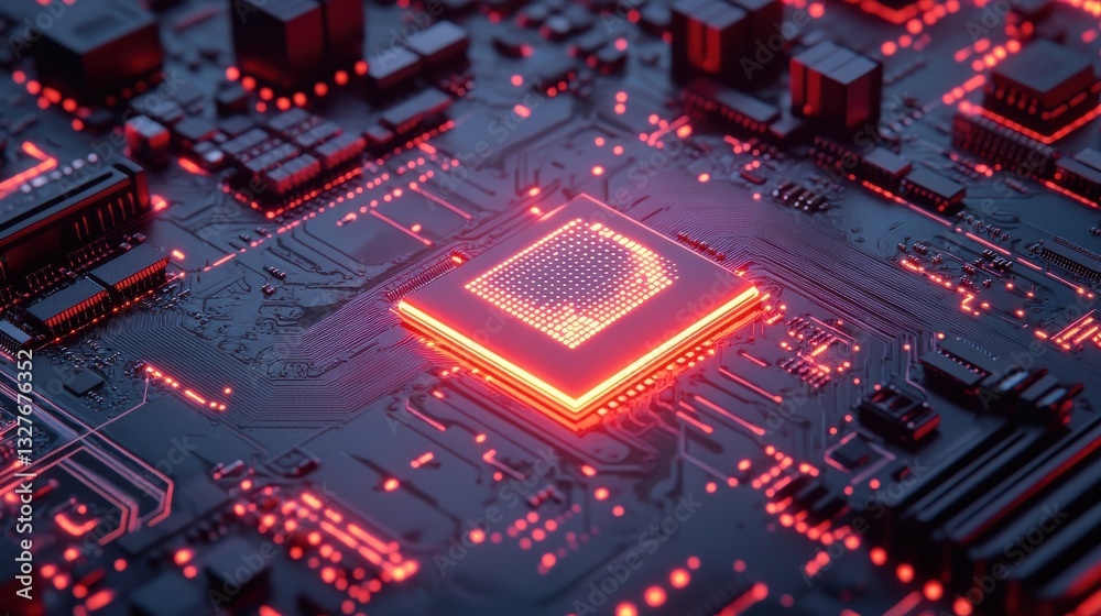 Poster a close-up of a computer circuit board with a central processor chip glowing with red light.