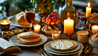 Fototapeta premium Pesach celebration, Passover Seder table, ornate Seder plate with symbolic foods, handmade matzah, glowing candles, wine for Elijah, and a Haggadah open to the story of Exodus, festive