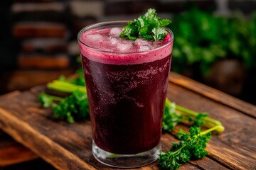 A vibrant purple drink is placed on a wooden table, surrounded by fresh herbs. The beverage is iced and exudes a refreshing appeal, showcasing a lively culinary creation