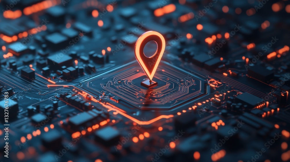 Poster digital map with glowing location pin on a circuit board background, concept of navigation and techn