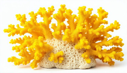 Close-up studio shot of a vibrant yellow coral against a white background. The coral is a complex structure of branching arms covered in small, rounded polyps