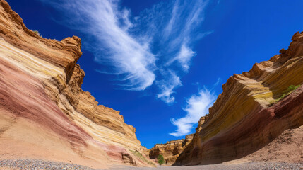 Fototapeta premium Majestic canyon with steep walls and vibrant rock layers in bright sunlight