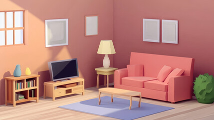 Fototapeta premium Living room furniture, vector illustration. Isometric constructor of 3d furniture elements. Lounge interior design, planner. Sofa, armchair, bookshelf, TV and accessories isolated on white.
