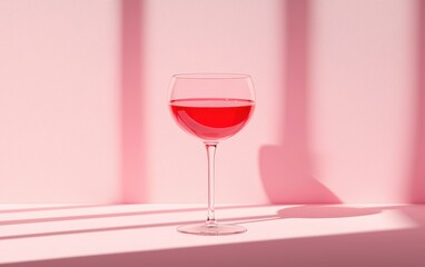 Wine glass with red wine, on a pastel pink background