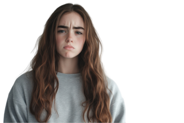 A young woman with long brown hair is looking at the camera, frowning and sad, isolated on a white background