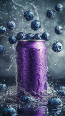 Purple can covered in water droplets, blueberries splashing into it. Dynamic image showcasing freshness and vibrancy, ideal for beverage advertising