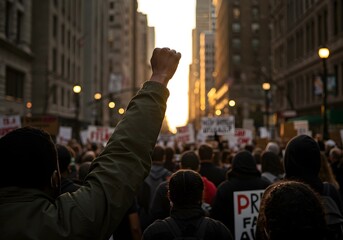 African American Man Raising Fist in Crowded Urban March