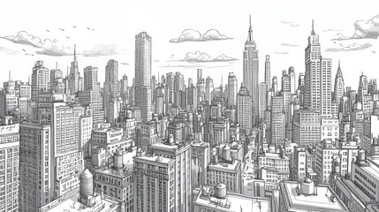 Urban large city landscape, townscape concept town road, megalopolis view cartoon line vector illustration. Cosmopolitan place.