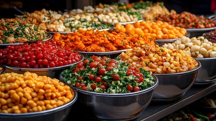 Obraz premium Vibrant Display of Colorful Fresh Ingredients at a Bustling Street Market During a Sunny Afternoon