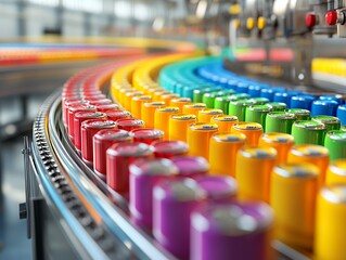 Colorful Beverage Cans Arranged on a Conveyor Belt in a Factory, Showcasing Production in a Vibrant, Modern Facility