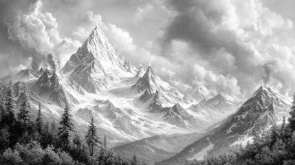 Majestic snow capped mountain peaks reaching high into the dramatic cloudy sky. A serene and natural landscape showcasing the grandeur of the mountainous wilderness
