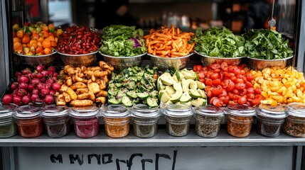 Obraz premium Colorful Assortment of Fresh Vegetables and Fruits Displayed at a Vibrant Market Stall in the Afternoon Sun