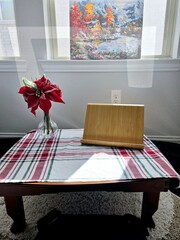 Sunlight gently streams through the window, casting a warm glow on the table,  capturing a sense of stillness and solitude.