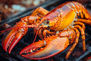 A vibrant lobster sits on a grill, its rich red and orange hues highlighted by the warm glow of the setting sun. The coastal backdrop adds to the outdoor cooking atmosphere