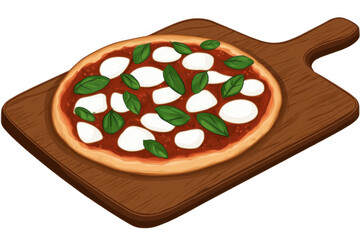 a pizza with mozzarella and basil on a wooden board, isolated against a white background