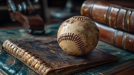 Vintage Baseball Sits Atop an Aged Leather-Bound Journal Surrounded by Books, Showcasing the Beauty of Sports Memorabilia in a Classic Study