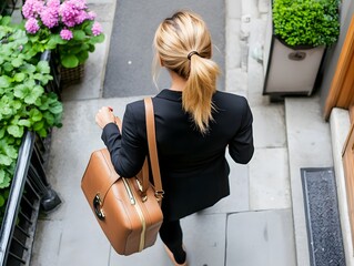 Rear view of a professional woman in a black suit carrying a stylish brown suitcase while walking down a city sidewalk surrounded by greenery and flowers.