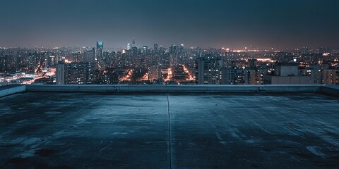 Cinematic shot of the Seoul city skyline at night from the rooftop, with an empty concrete floor in the foreground.