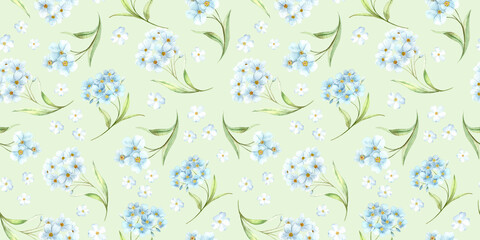 Seamless watercolor drawing with blue forget-me-nots. Delicate spring wildflowers in pastel colors create an atmosphere of freshness and lightness. Ideal for textiles, wallpaper, packaging, greeting