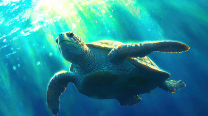 Majestic old sea turtle with barnacles gliding under sunlit ocean