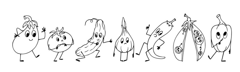 Set of sketches, doodles of funny vegetable characters. Vector graphics.