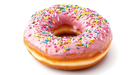Donut with pink frosting and sprinkles isolated on white background