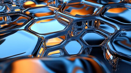 Fototapeta premium Rippling liquid surfaces intertwined with mirror-like hexagons reflecting metallic blue and orange tones