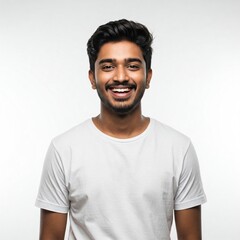 Obraz premium Confident young Indian man with cool smile in a t-shirt, standing against a clean white background