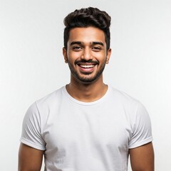 Obraz premium Confident young Indian man with cool smile in a t-shirt, standing against a clean white background