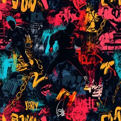 A dynamic hip-hop graffiti-inspired seamless pattern featuring breakdance figures, bold lettering, gold chains, and classic hip-hop symbols. The vibrant color palette of neon shades, reds, blues,