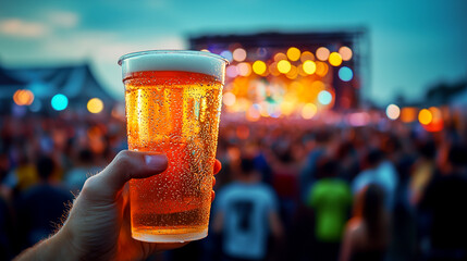 hand holding a cold beer in a plastic cup with a blurred crowd and stage lights in the background at an outdoor music festival - open air concerts and music festivals concept