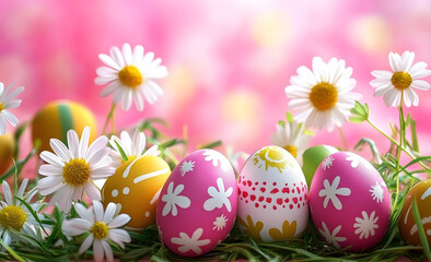 Fototapeta premium Happy easter horizontal banner with easter eggs spring flowers on pink background easter border border easter spring decoration background card frame holiday