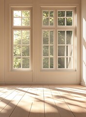 A room with a light wood floor, white walls, and a window with the sun shining in. Hyperrealistic.