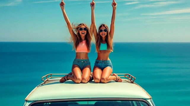 Two young women celebrate summer by dancing joyfully on a parked car, enjoying stunning ocean views under a clear blue sky, embodying vacation, adventure, and freedom with every carefree move
