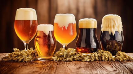 NATIONAL BEER DAY style. Assorted craft beers in glasses on a wooden table with decorations.