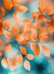 Autumn leaves in soft orange and teal, set against a blurred background of nature's colors, symbolizing the changing seasons.