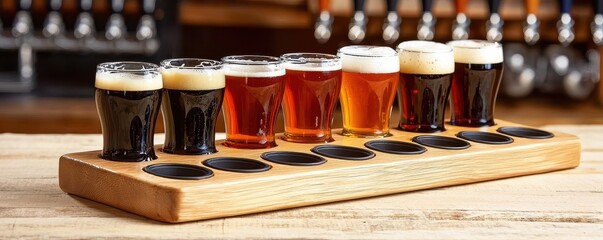 NATIONAL BEER DAY style. Assorted craft beers in a tasting flight on a wooden tray.