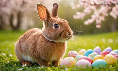 Adorable Easter Bunny Surrounded by Colorful Eggs in a Spring Meadow