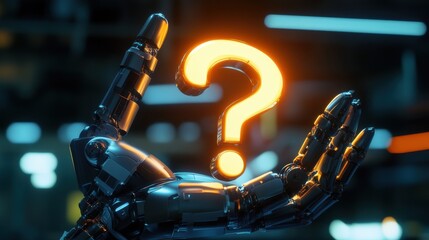 A robot hand holds a glowing question mark. The concept symbolizes curiosity, artificial intelligence, and the quest for answers in the digital age. Generative AI.