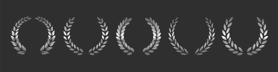 Obraz premium Vector silver laurels set. Olive laurels branch. Laurel wreath frame. Trophy crest, award, winner round emblem