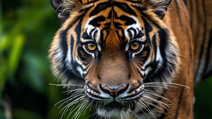 Fototapeta premium Close up of majestic Bengal tiger deep amber eyes staring fiercely with sharp fur details A blurred jungle background enhances its regal presence
