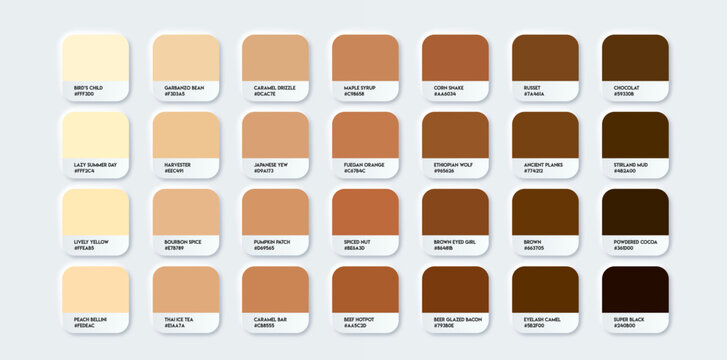 Brown and beige color gradient palette. Human skin, hair, cosmetic products tone set. Color swatch samples