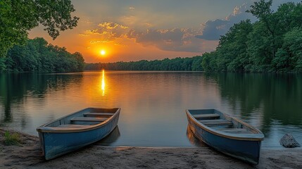 Obraz premium Peaceful Sunset on Lake with Rowboats
