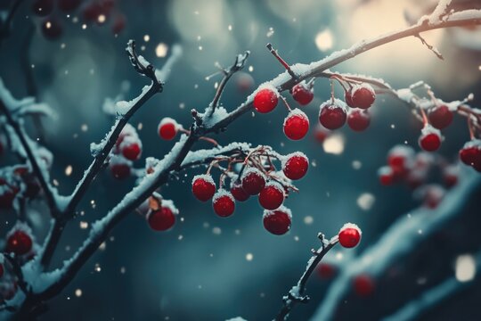 A bunch of red berries hangs from a tree branch covered in snow