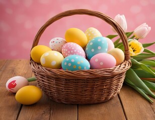 Naklejka premium Festive easter basket filled with colorful eggs and blooming tulips