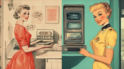 Nostalgic comparison of 1950s hand-drawn advertising with modern digital interactive styles in Saint Petersburg Generative AI